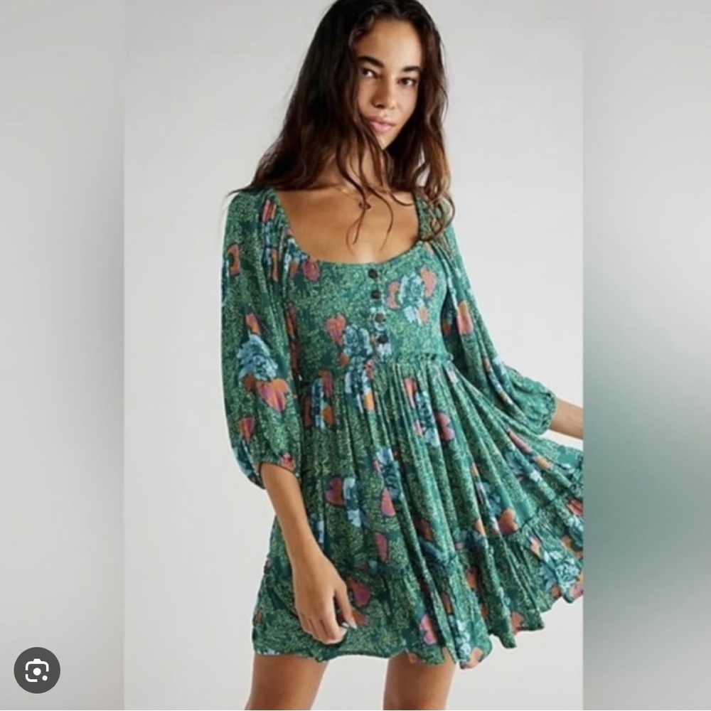 Free People Teal Green Floral Scoop-Neck Mini Dress